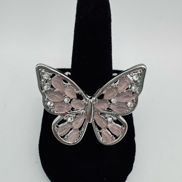 Source Unknown Jewelry - PINK Butterfly Rhinestone Ring Silver Tone Size Adjustable Stretch Bug Insect
